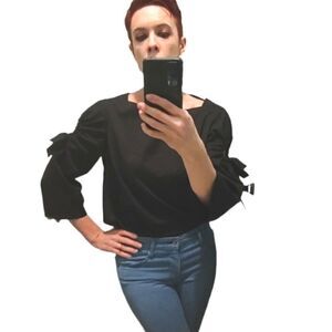 Elie Tahari black ruched cutout sleeve boatneck blouse S